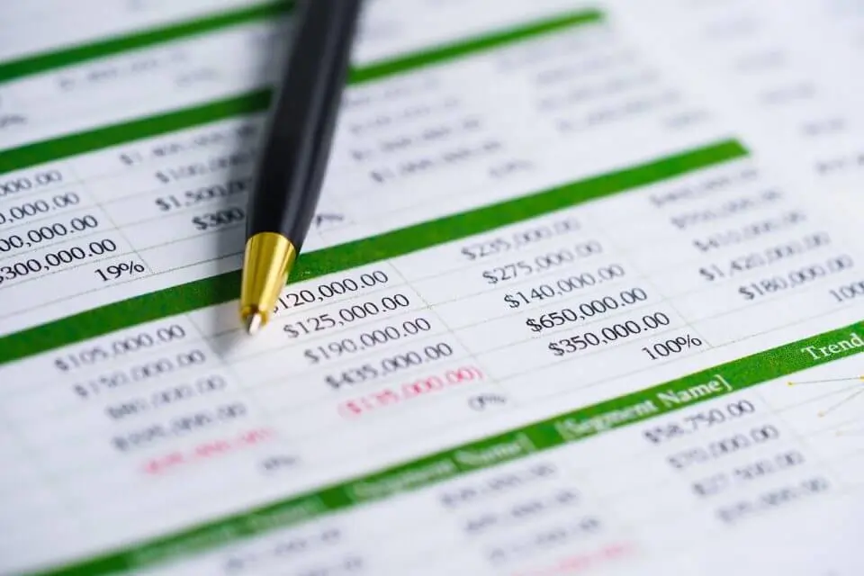 close up of a pen atop a Financial Spreadsheet